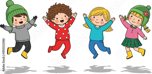 Happy Cute Kids Jumping Together Cartoon Children Playing and Having Fun Vector Illustration