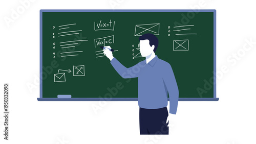 Strategic Insight: A knowledgeable individual presents a refined layout, mapping out concepts on a school board, signifying meticulous planning and presentation.