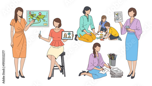 Illustrative Education and Guidance: A group of professional educator figures in various poses, some using tablet devices, one drawing, and others guiding students, to show the diversity of mentoring.