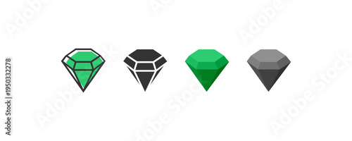 Diamond Gemstone Icons Set Green and Black Crystal Symbols