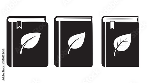 Eco-Education Textbook Icon With Leaf And Bookmark — Minimal Black-and-White Solid Silhouette, Flat Vector, Isolated On White