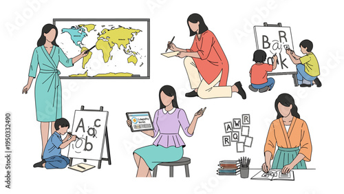 Educator's World: A teacher inspires young minds through dynamic activities in a colorful teaching environment. The focus is on early education, exploration, and the nurturing of young learners. 