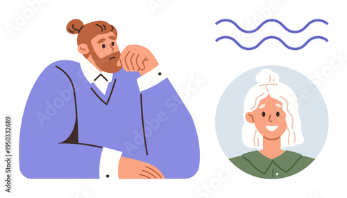 Connection, online interaction, social relationships, teamwork, communication, personal growth. A man deep in thought, a smiling woman in a circle abstract lines. Communication and online