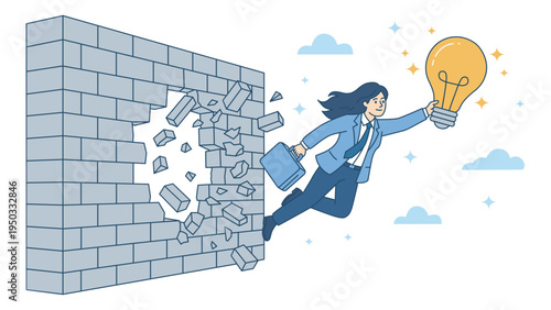 Businesswoman breaking through brick wall and holding glowing lightbulb and briefcase. Innovation, courage, problem solving and  freedom concept . Overcoming obstacles for new business idea or impact.