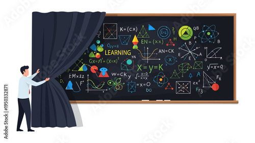 Unveiling Knowledge: A man pulls back a curtain, revealing a chalkboard filled with complex equations, shapes, and symbols. The scene encapsulates learning, education, and the pursuit of knowledge.