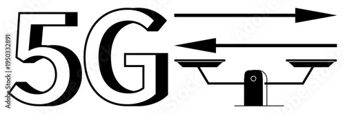 Mobile technology, connectivity, speed, scalability, innovation, digital transformation. 5G text and balance scale with arrows. Mobile technology and connectivity concept innovation