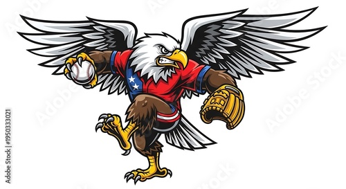 An aggressive bald eagle mascot design featuring a baseball player in a red and blue uniform jersey