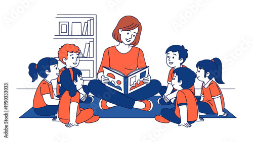 Storytime Circle: A teacher captivates a circle of attentive children with a captivating story, fostering imagination and a love for books in a cozy and inviting setting.