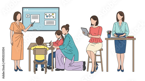 Learning Environment with Educators: Depicting a nurturing classroom where educators provide personalized guidance and support to young learners.