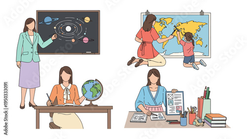 Teachers at work: This illustration shows the work that a teacher must do, teaching children, and keeping records. 
