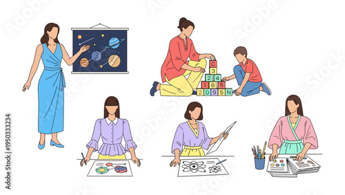 Diverse Learning Moments: A collection of illustrations depicting various educational and creative activities, showcasing different settings, tools, and learning styles.