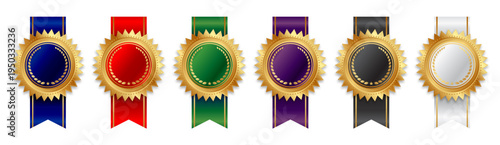 beautiful elegant blank gold and ribbon award seal with various colored ribbons symbol element vector set of 6 on transparent background for packaging or award certificates
