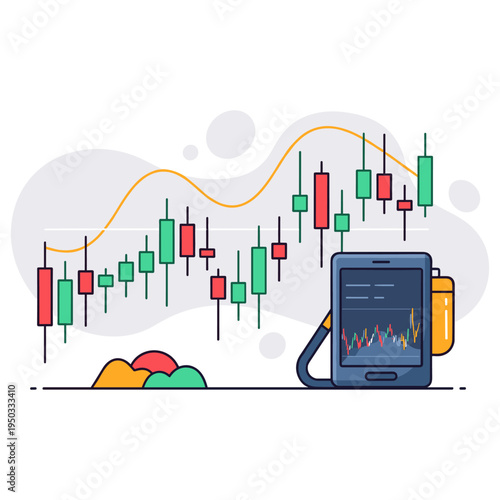 Mobile trading device displaying candlestick chart with indicators. non editable strokes