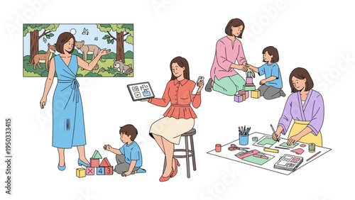 Mother and child illustration: A mother interacts and guides the children in diverse activities, representing the important of early childhood development, including reading, drawing.