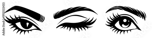 Set of three expressive female eye designs including open, closed, and cat-eye styles. Decorative black vector collection for beauty branding, makeup themes, lashes, and cosmetic graphics.