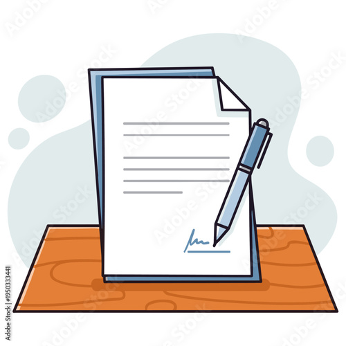 Stack of signed contract papers with pen on wooden table surface. non editable strokes