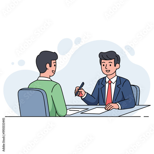 Businessman interviewing candidate across desk in office setting. non editable strokes