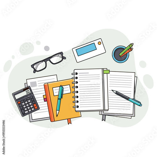 Flat top view of desk with notebooks and office supplies. non editable strokes