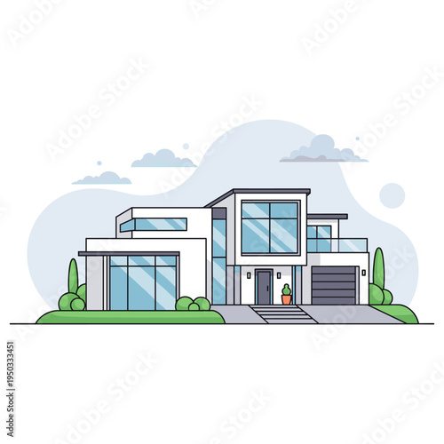 Modern house with large glass windows in suburban setting. non editable strokes