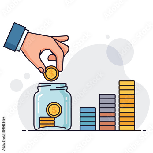 Hand placing coin into jar with stacked coins on table. non editable strokes