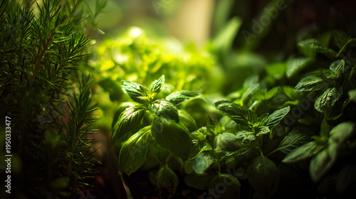 Aromatic herb garden theme, sharp leaf textures, natural morning light, wide side copy space.