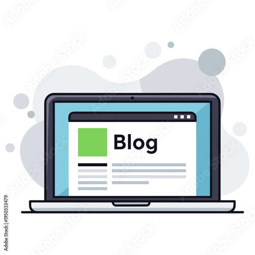 Laptop displaying blog page on screen in simple layout. non editable strokes