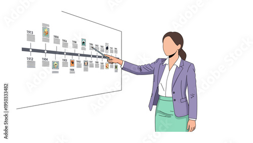 Presentation and Planning: A female presenter gestures towards a strategic timeline, illustrating key events and milestones in a project or plan. A visual representation of goal setting, progress.