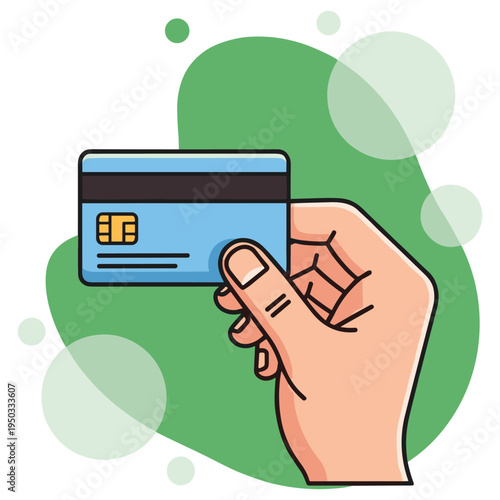 Hand holding credit card showing chip on abstract background. non editable strokes