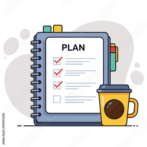 Spiral planner checklist beside coffee cup on workspace. non editable strokes