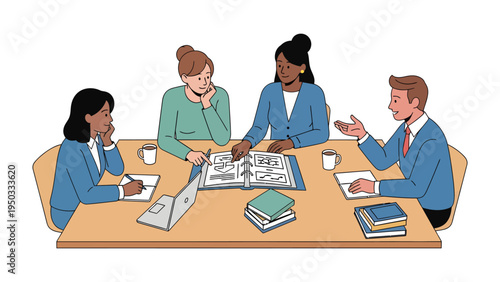 Collaboration and Strategy: A diverse group of professionals engage in a productive brainstorming session around a table, exchanging ideas and planning. 