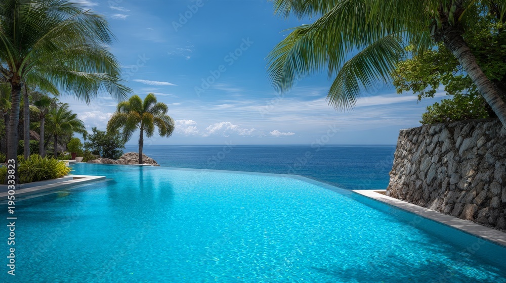 Fototapeta premium Infinity Pool Overlooking Vast Turquoise Sea from Cliffside Island