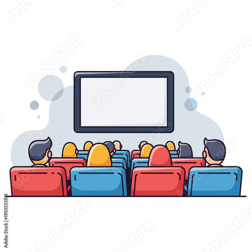 Audience watching presentation on large screen inside theater. non editable strokes