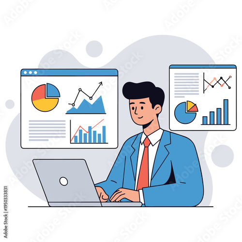 Businessman analyzing charts on laptop in modern office setting. non editable strokes