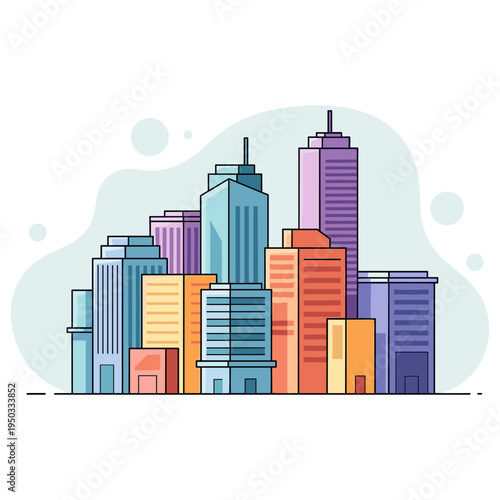 City skyline composed of colorful buildings on white background. non editable strokes