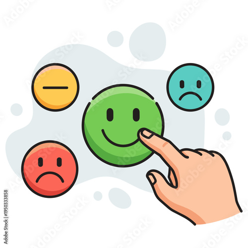Hand selecting happy face among emotion rating icons. non editable strokes