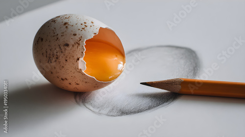 Authentic creative process, sharp pencil and egg details, bright studio light, and wide side copy space.