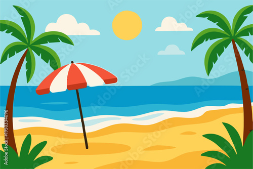 Horizontal flat illustration of a sunny tropical beach with a red and white striped umbrella, palm trees, and calm turquoise ocean waves