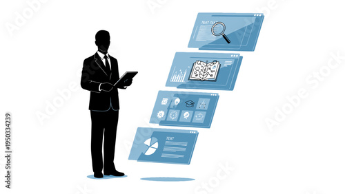 Data Analysis in Hand: A silhouette of a businessman confidently holds a digital tablet, overseeing an array of data-driven interface windows in a scene of business analytical work. 