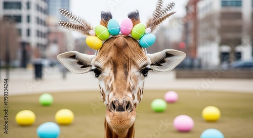 A close up portrait of a cute giraffe wearing a festive easter headband with colorful eggs and feathers