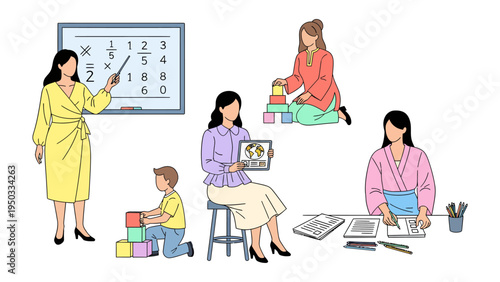 Nurturing Young Minds: Educators engage in varied activities with children, fostering growth and learning. Focus on the dedicated teacher shaping the next generation.