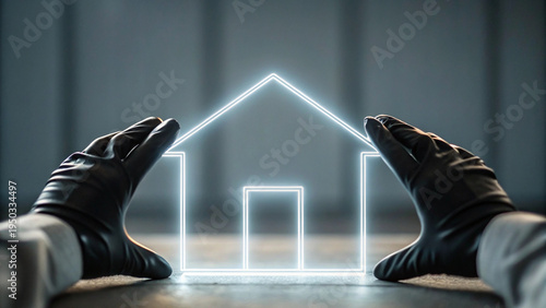 Metaverse real estate digital assets concept future property security virtual home glowing outline protection