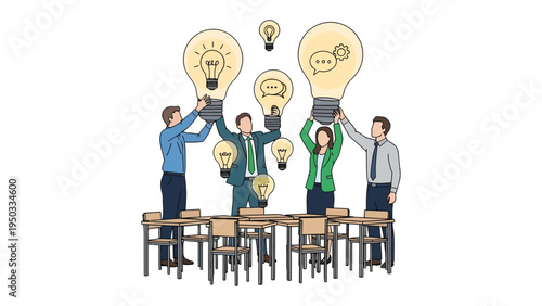 Idea Generation: A team collaborates to ignite innovative ideas, symbolized by illuminated lightbulbs, fostering a dynamic environment of creativity and collaboration.