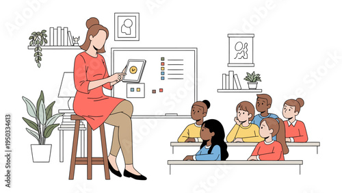 Enlightening Moments: An instructor fosters growth and learning with her students in a bright, modern learning environment. A moment filled with inspiration.