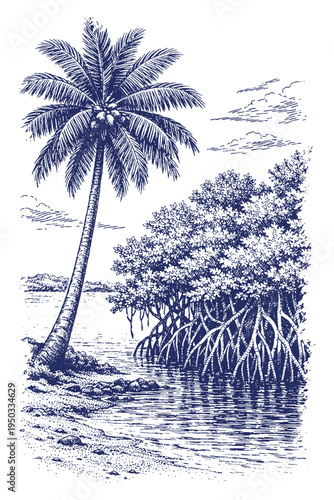 Tropical Beach Scene with Palm Tree and Mangrove Roots by the Coastline in Detailed Black and White Hand Drawn Vector Line Art Illustration.
