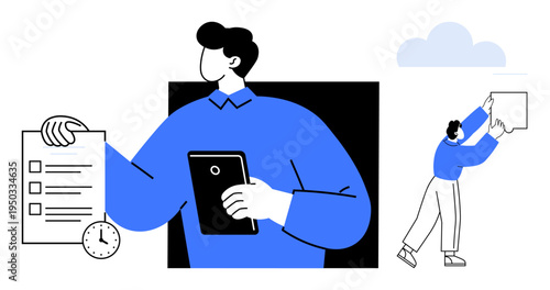 Task management concept. Task management includes tracking time, organizing workflows, and facilitating collaboration. Task management supports project planning, productivity, teamwork, and remote