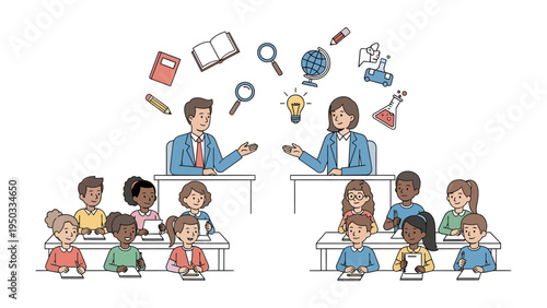 Educational Exchange: A vibrant illustration showcasing an engaging educational environment where teachers interact, and students actively participate in learning.