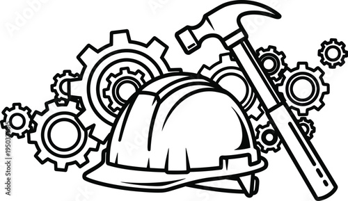 Outline icon depicting a construction hard hat resting near a hammer surrounded by interlocking mechanical gears and machinery parts