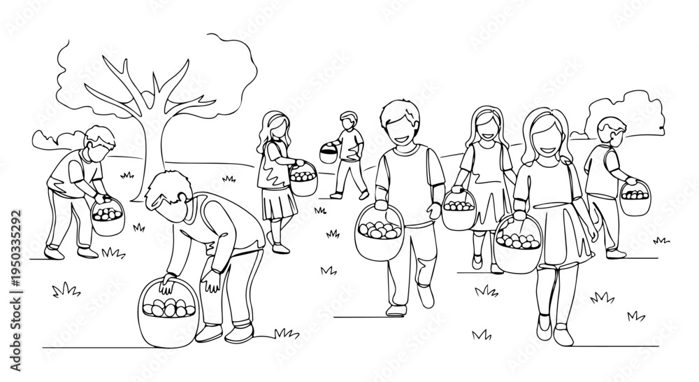 Naklejka premium Children gleefully participating in an Easter egg hunt with baskets, enjoying a festive outdoor activity