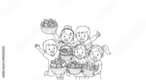 Happy kids with Easter eggs in baskets after a fun egg hunt event