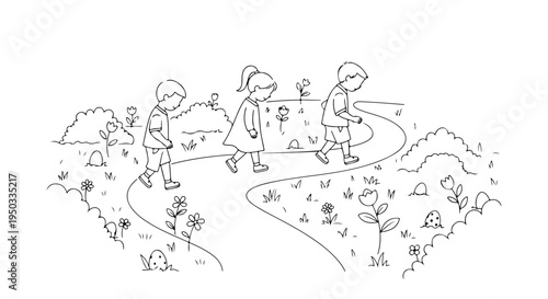 Whimsical illustration of kids on an egg hunt through a blooming garden path